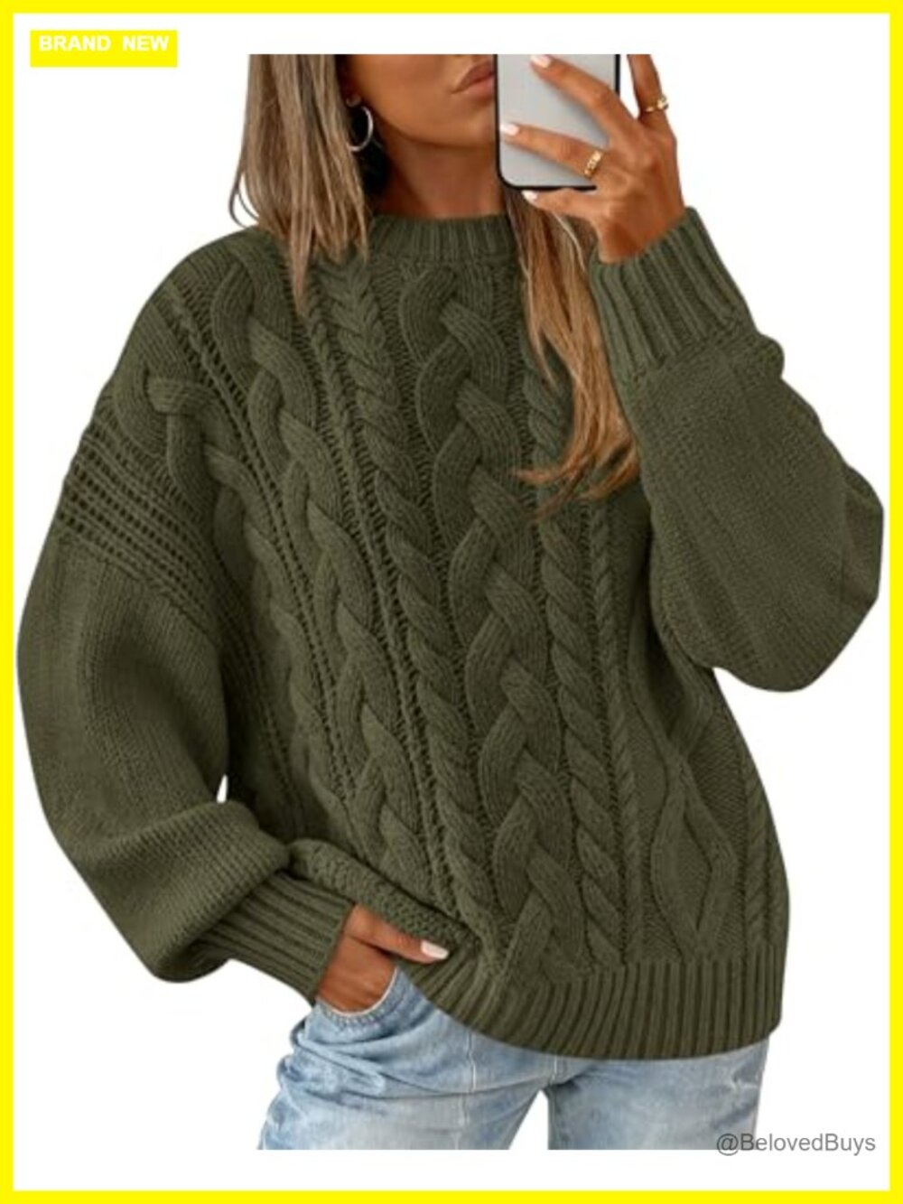 Oversized Cable Knit Sweater Crewneck Lantern Sleeve Pullover